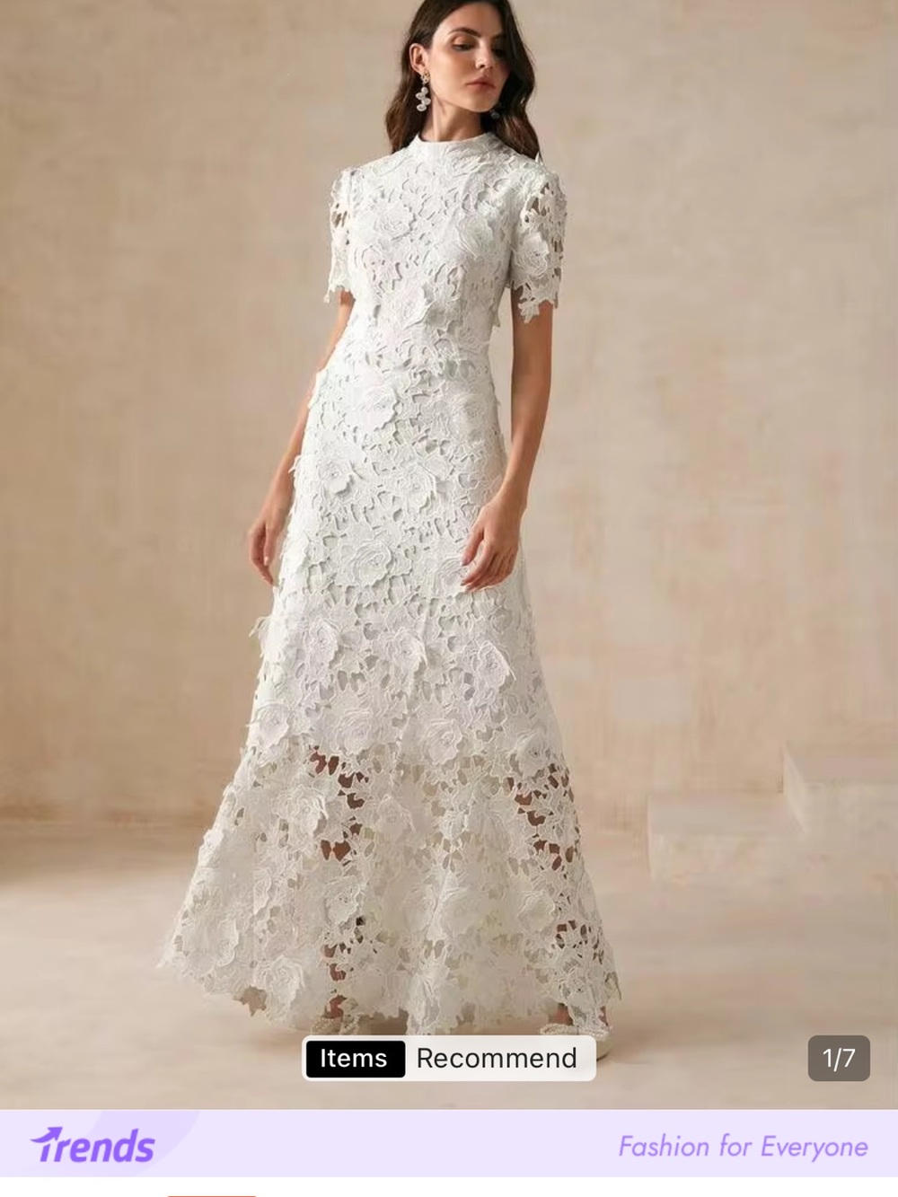 Amazing Quality Elegant White Lace Maxi Dress with High Neck